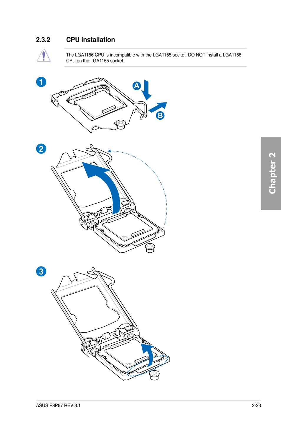 Cpu installation -33, Chapter 2 | Asus P8P67 (REV 3.1) User Manual | Page 51 / 136