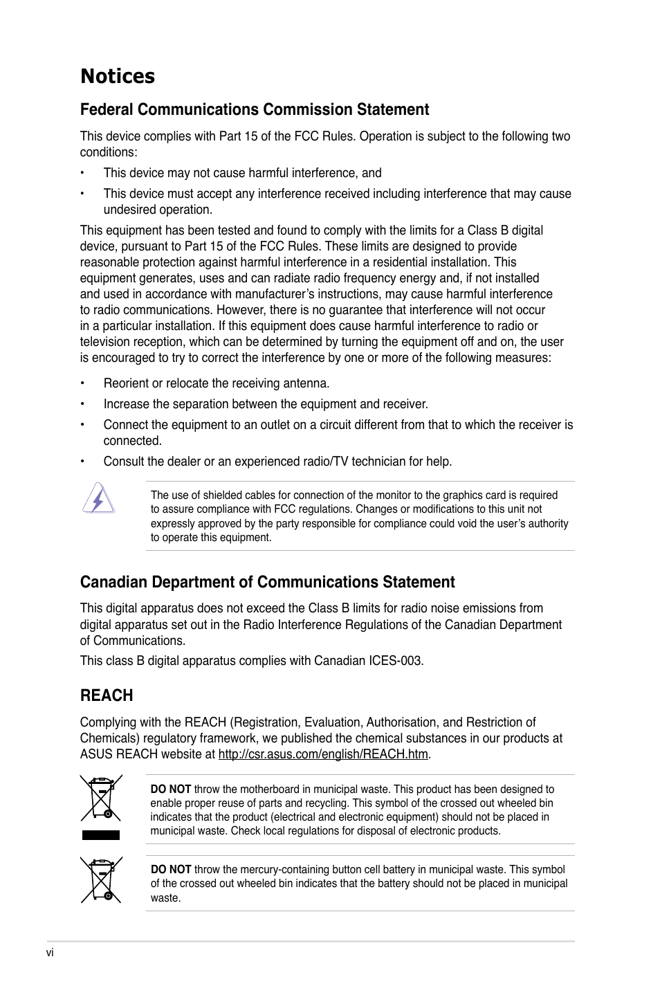 Notices vi, Notices, Federal communications commission statement | Canadian department of communications statement, Reach | Asus P8P67 (REV 3.1) User Manual | Page 6 / 136