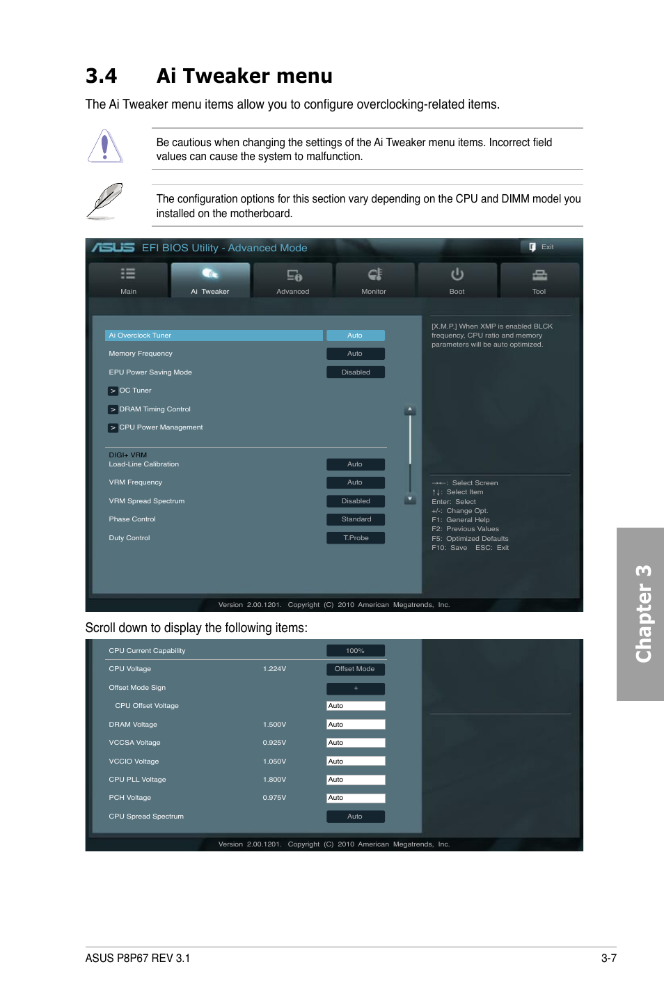 Ai tweaker menu -7, Chapter 3 3.4 ai tweaker menu, Scroll down to display the following items | Efi bios utility - advanced mode | Asus P8P67 (REV 3.1) User Manual | Page 73 / 136