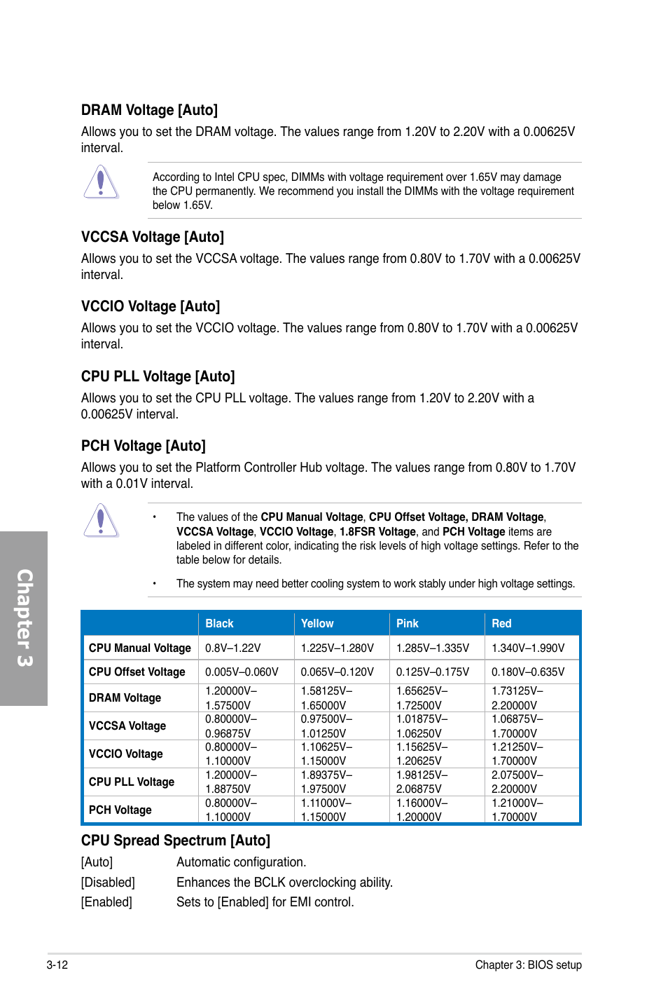 Chapter 3, Dram voltage [auto, Vccsa voltage [auto | Vccio voltage [auto, Cpu pll voltage [auto, Pch voltage [auto, Cpu spread spectrum [auto | Asus P8P67 (REV 3.1) User Manual | Page 78 / 136