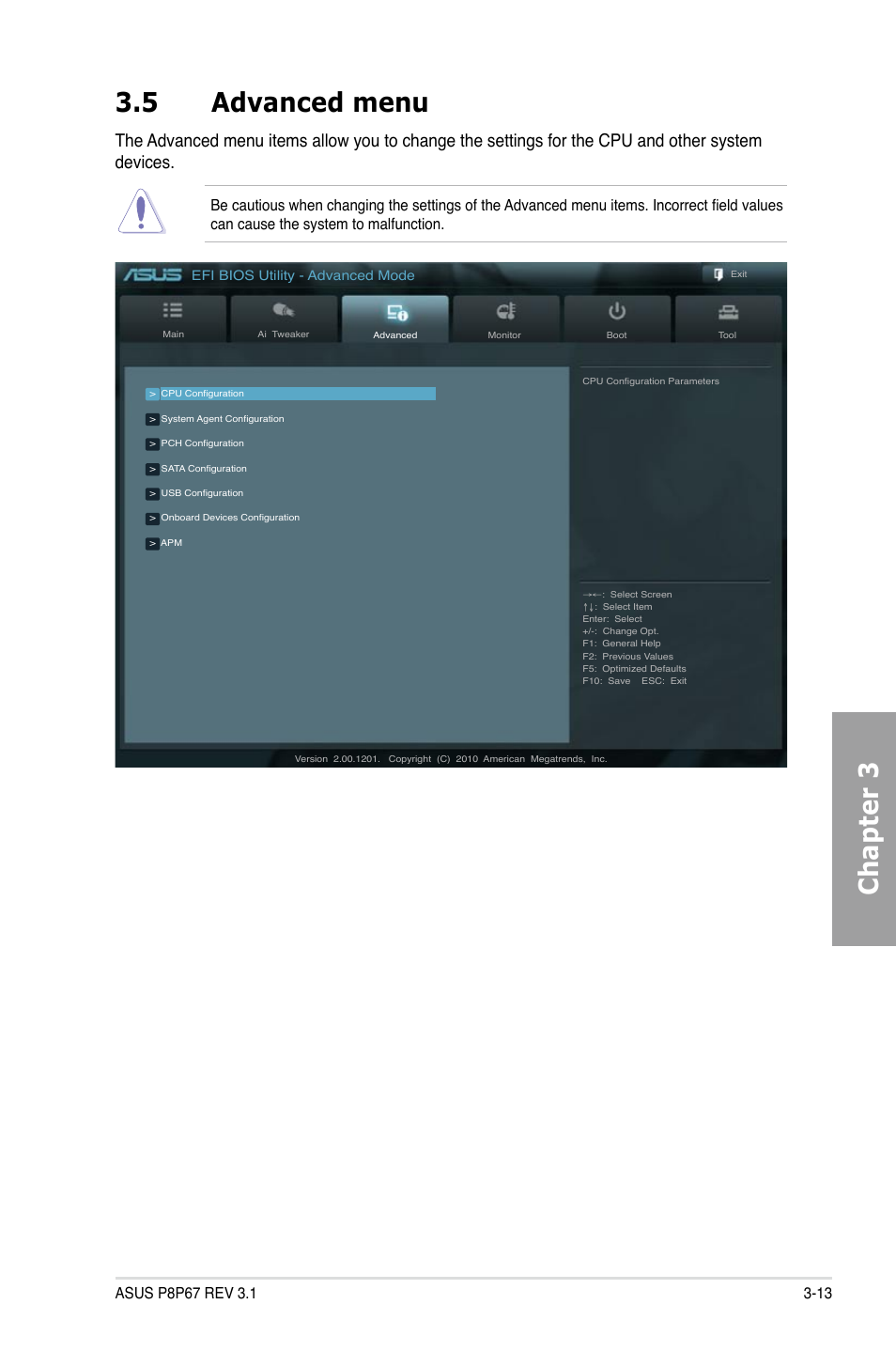 Advanced menu -13, Chapter 3, 5 advanced menu | Asus P8P67 (REV 3.1) User Manual | Page 79 / 136