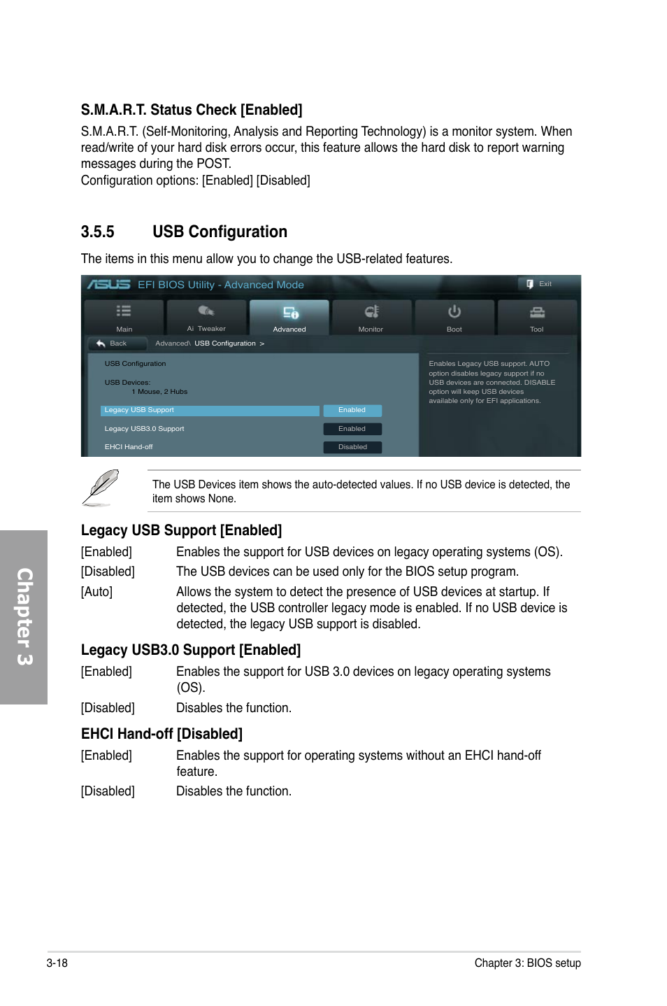 Usb configuration -18, Chapter 3, 5 usb configuration | S.m.a.r.t. status check [enabled, Legacy usb support [enabled, Legacy usb3.0 support [enabled, Ehci hand-off [disabled | Asus P8P67 (REV 3.1) User Manual | Page 84 / 136