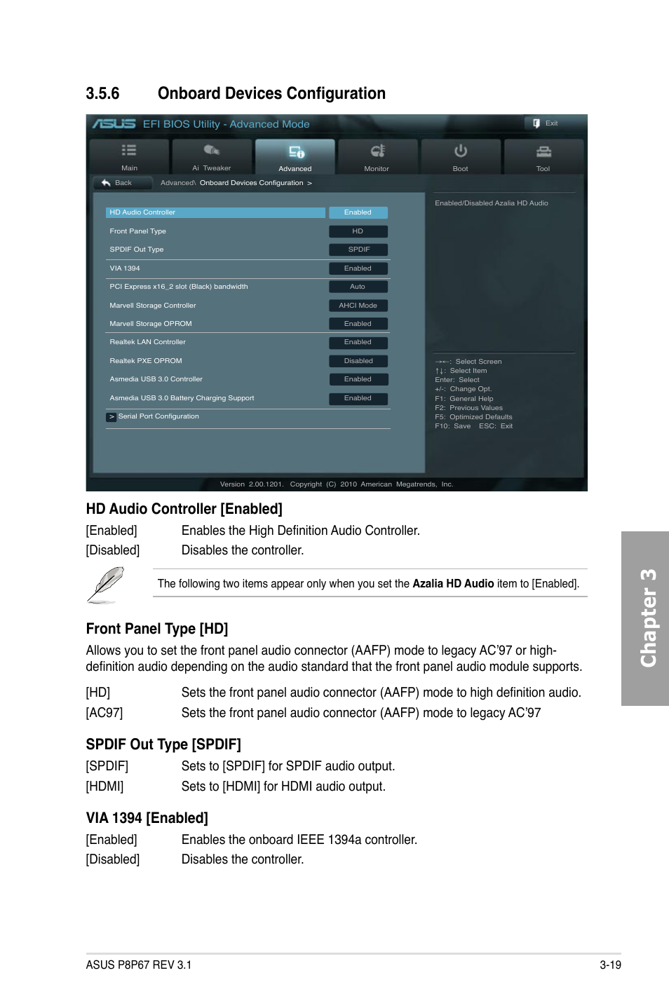 Onboard devices configuration -19, Chapter 3, 6 onboard devices configuration | Hd audio controller [enabled, Front panel type [hd, Spdif out type [spdif, Via 1394 [enabled | Asus P8P67 (REV 3.1) User Manual | Page 85 / 136