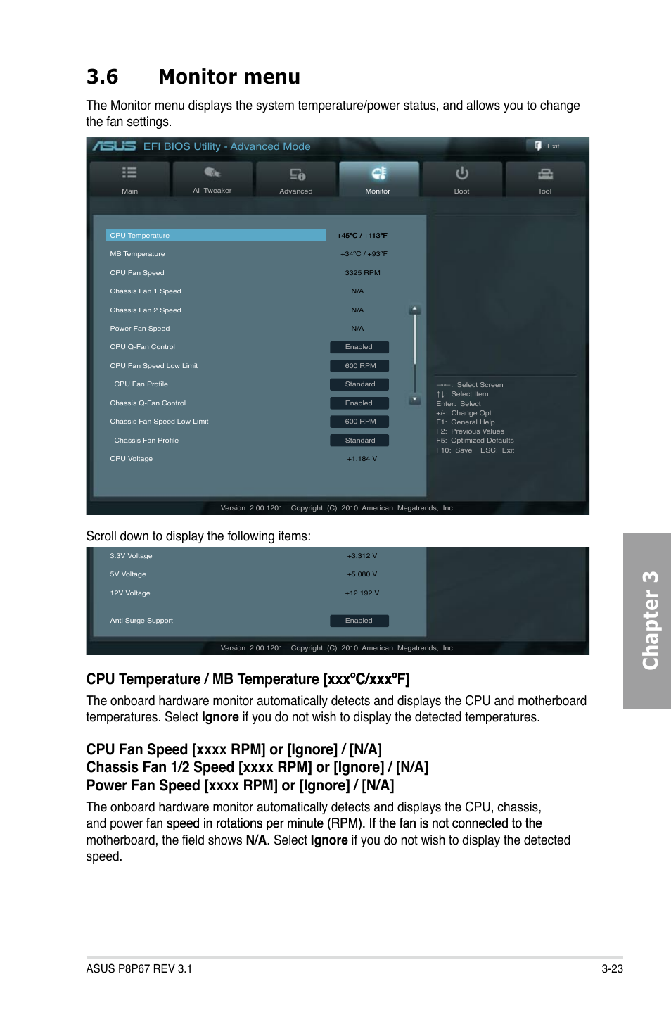Monitor menu -23, Chapter 3 3.6 monitor menu | Asus P8P67 (REV 3.1) User Manual | Page 89 / 136