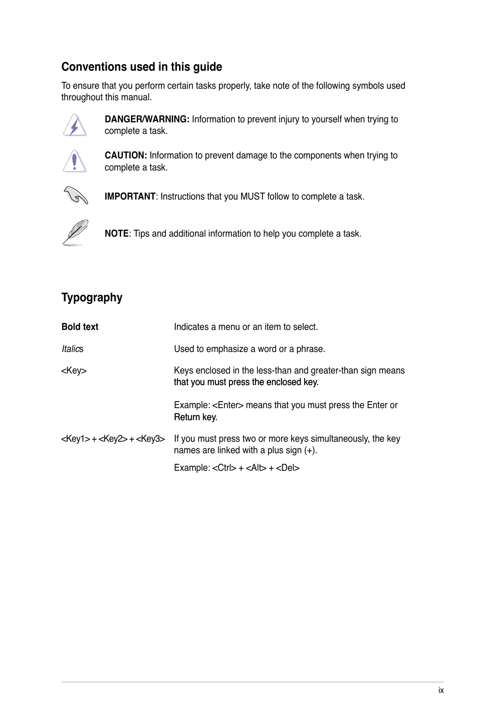 Conventions used in this guide, Typography | Asus P8P67 (REV 3.1) User Manual | Page 9 / 136