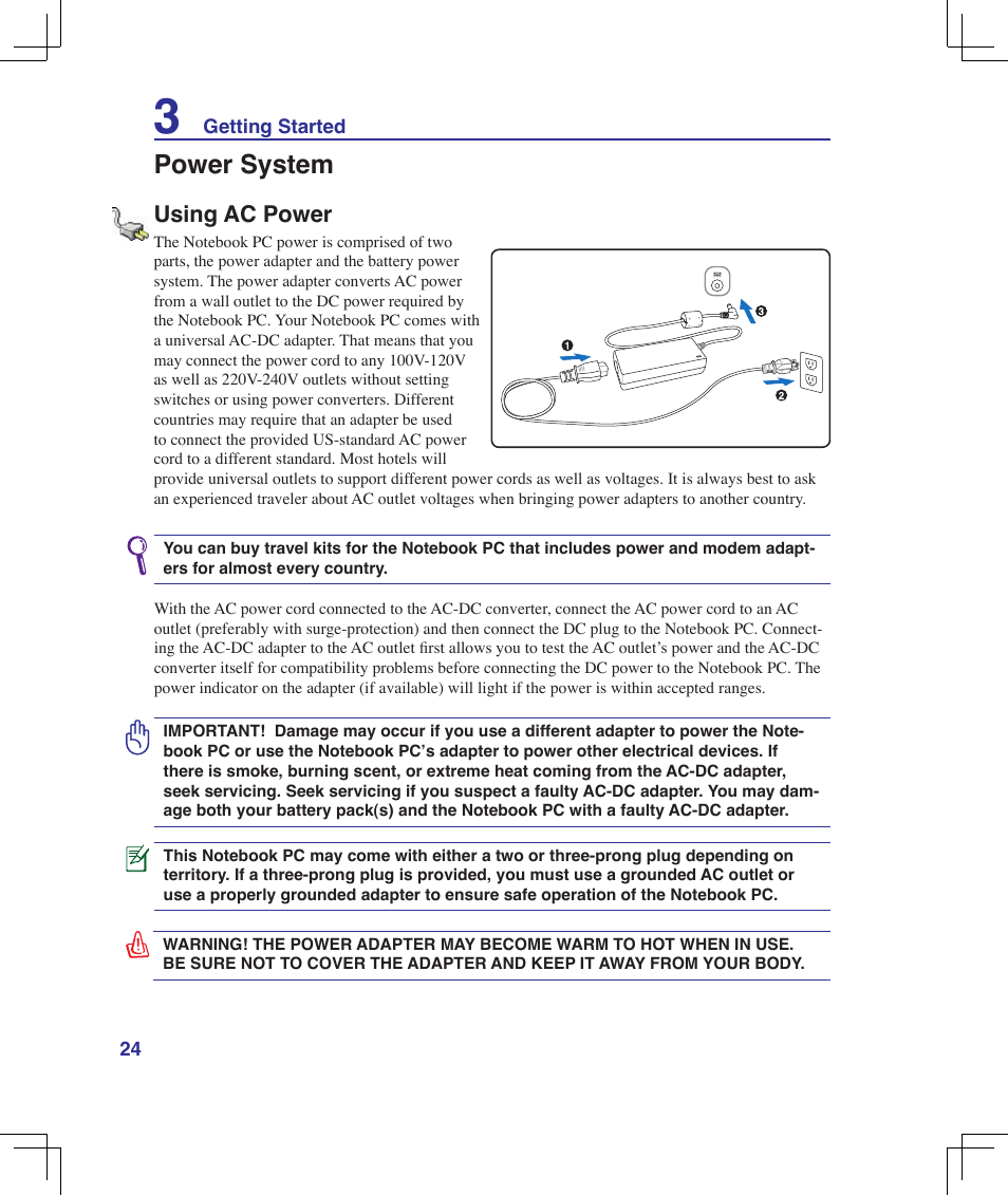 Power system, Using ac power | Asus F5Z User Manual | Page 24 / 85