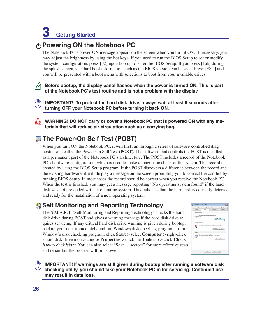 Powering on the notebook pc, The power-on self test (post) | Asus F5Z User Manual | Page 26 / 85