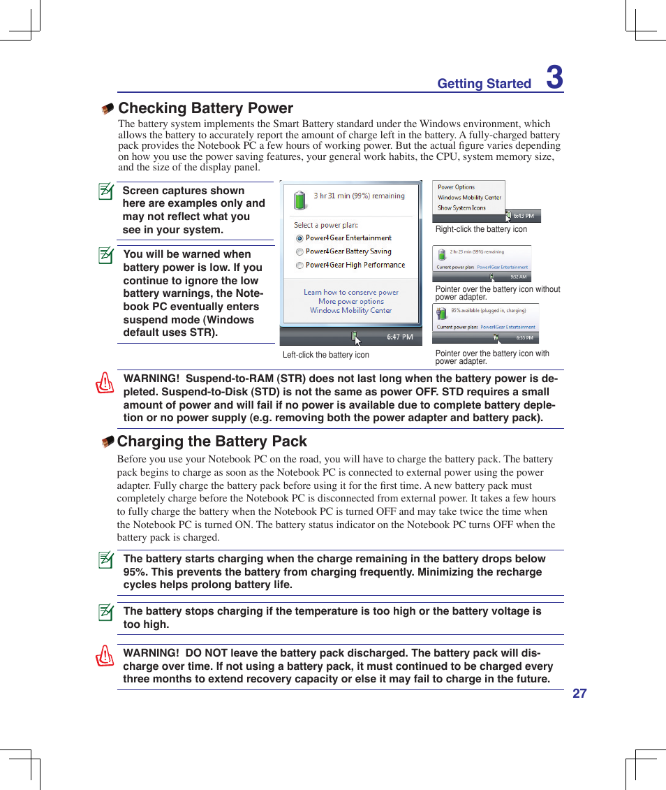 Checking battery power, Charging the battery pack, Checking battery power charging the battery pack | Asus F5Z User Manual | Page 27 / 85