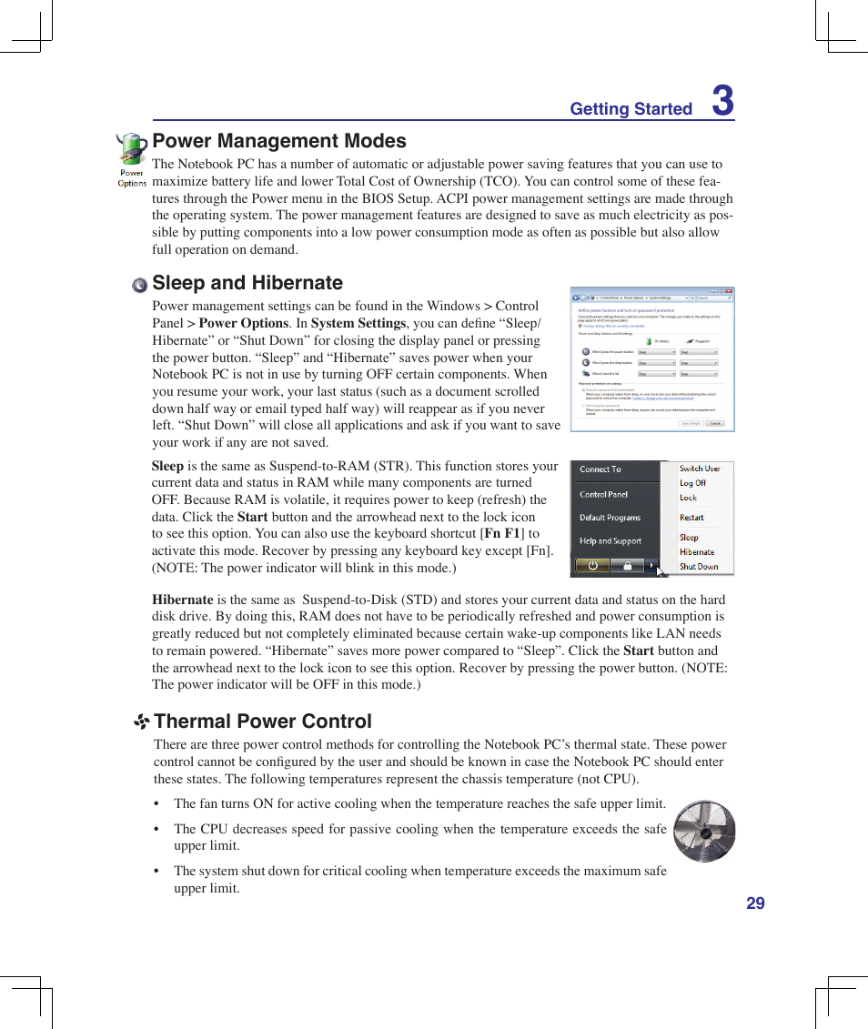 Power management modes, Sleep and hibernate, Thermal power control | Asus F5Z User Manual | Page 29 / 85