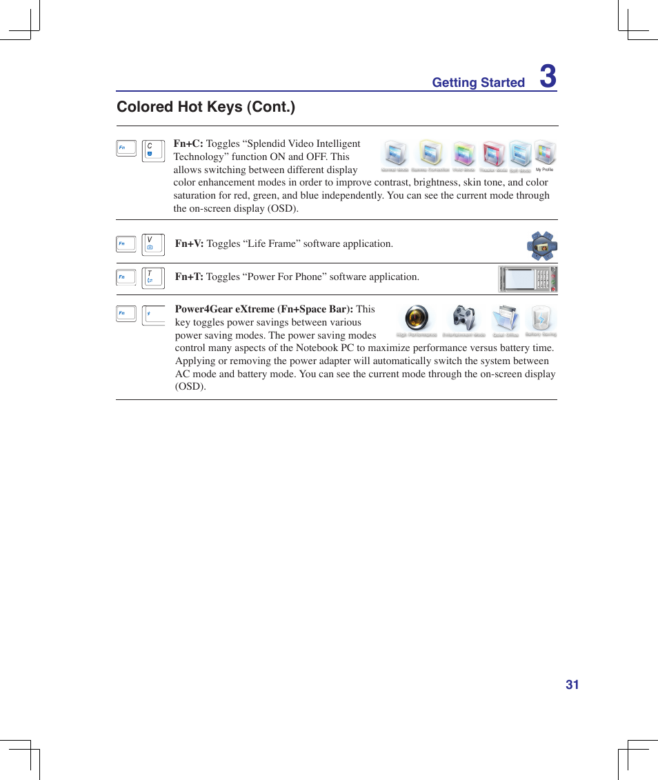 Colored hot keys (cont.) | Asus F5Z User Manual | Page 31 / 85