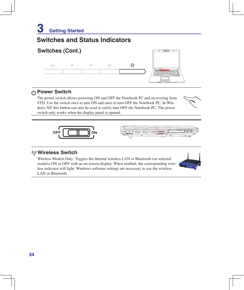 Switches and status indicators, Switches (cont.) | Asus F5Z User Manual | Page 34 / 85