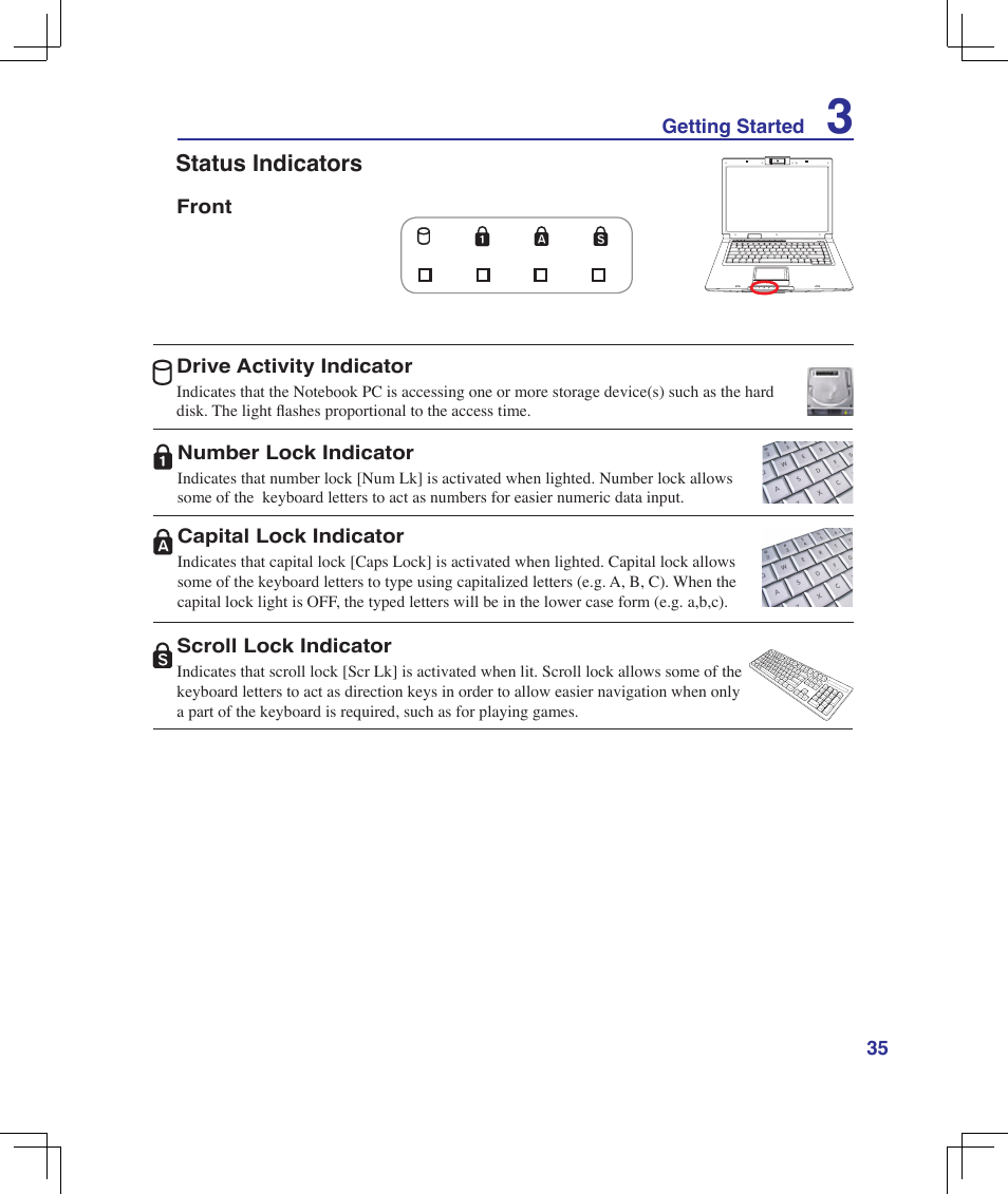 Status indicators | Asus F5Z User Manual | Page 35 / 85