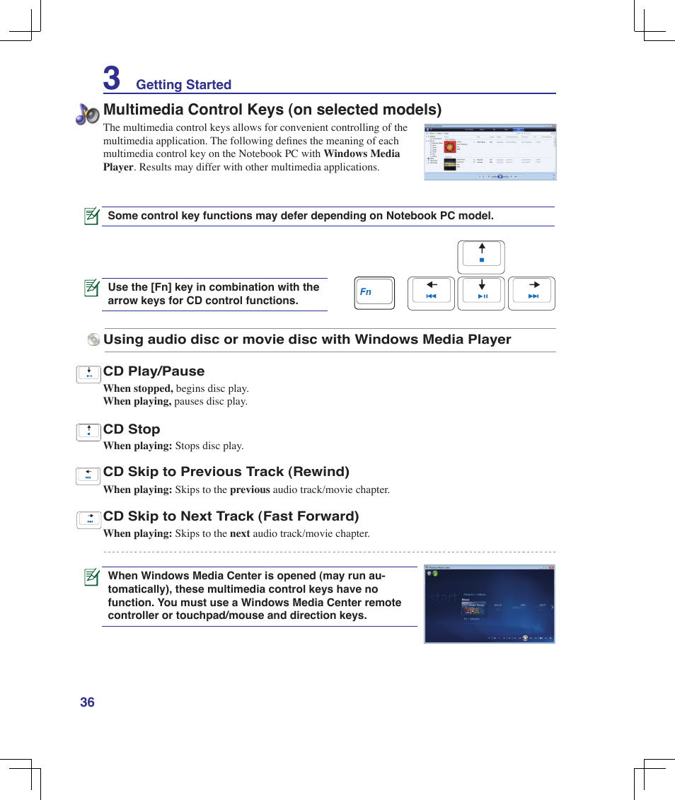 Multimedia control keys (on selected models) | Asus F5Z User Manual | Page 36 / 85