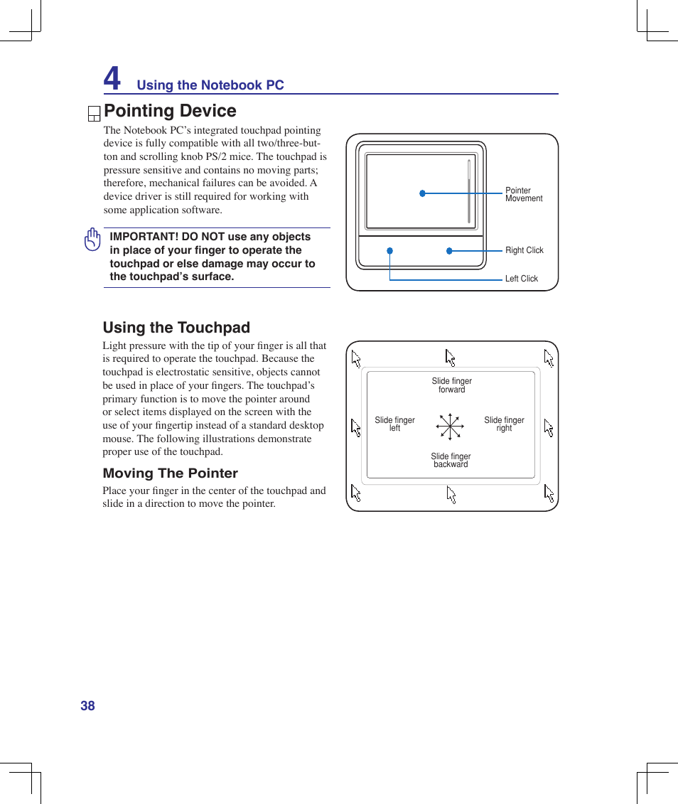 Pointing device, Using the touchpad | Asus F5Z User Manual | Page 38 / 85