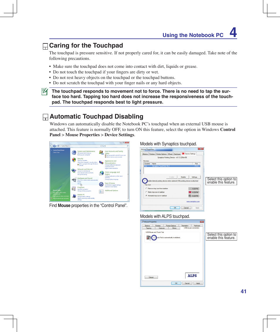 Caring for the touchpad, Automatic touchpad disabling | Asus F5Z User Manual | Page 41 / 85