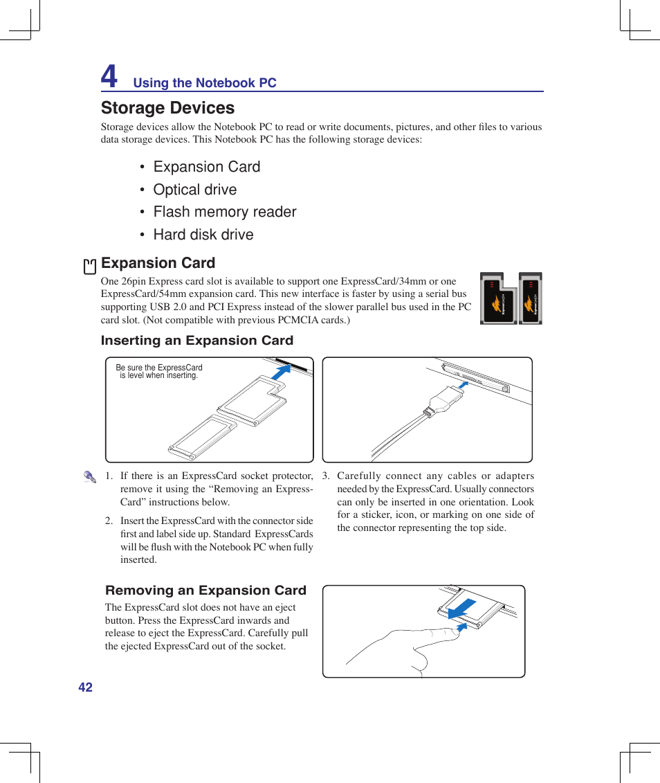 Storage devices, Expansion card | Asus F5Z User Manual | Page 42 / 85