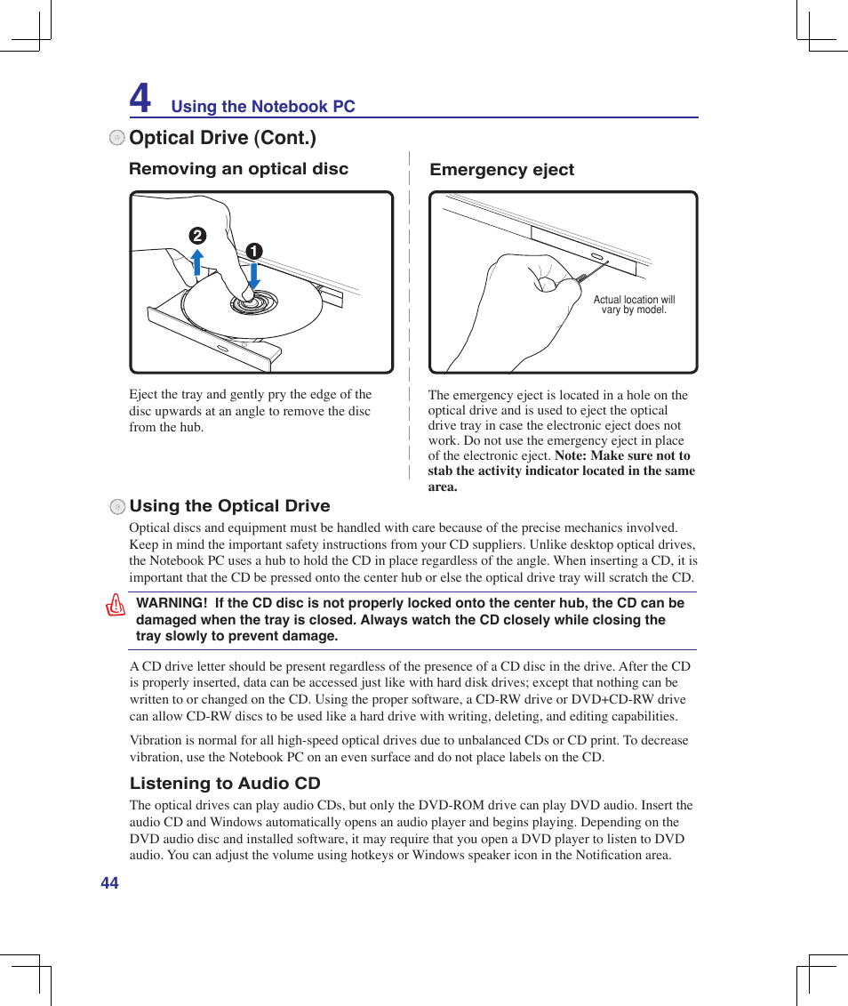 Optical drive (cont.) | Asus F5Z User Manual | Page 44 / 85