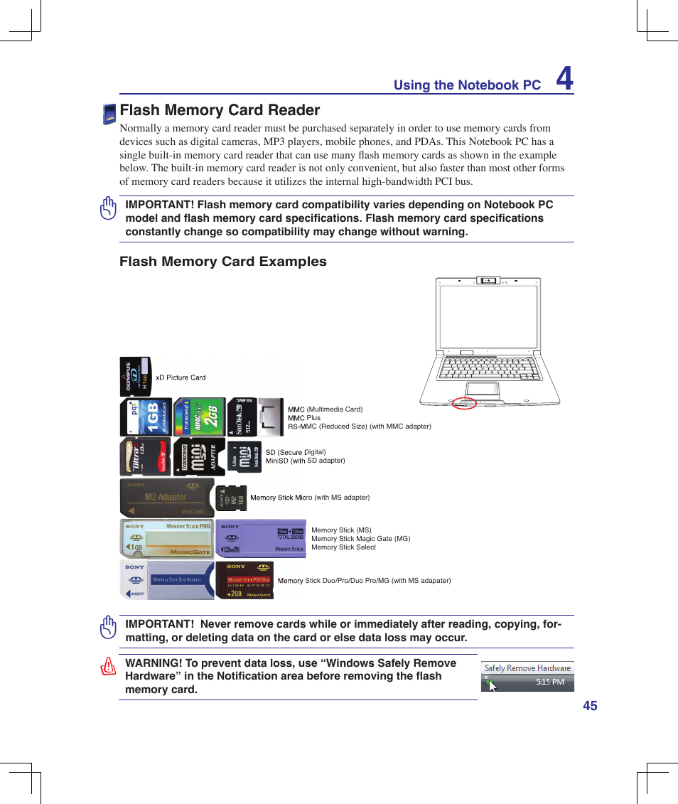 Flash memory card reader | Asus F5Z User Manual | Page 45 / 85