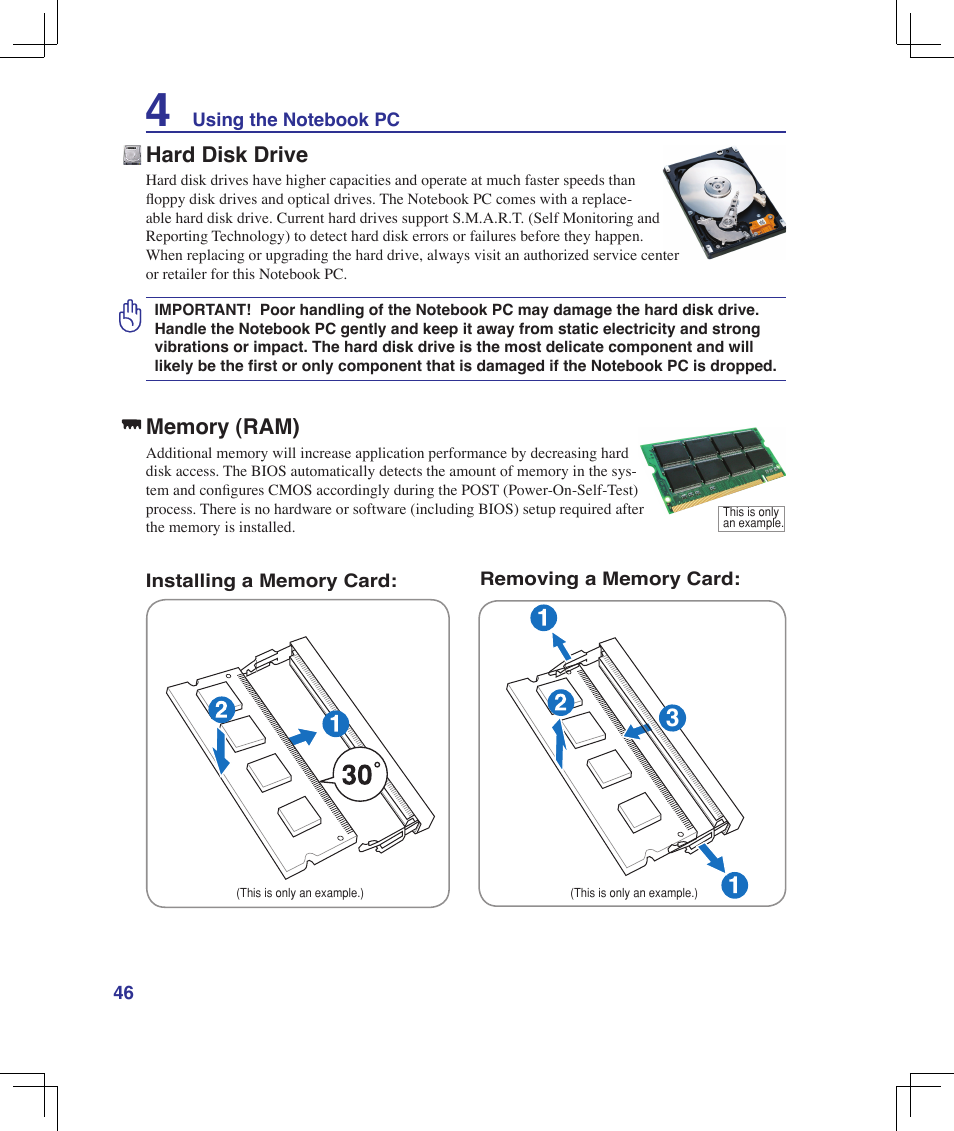 Hard disk drive, Memory (ram), Hard disk drive memory (ram) | Asus F5Z User Manual | Page 46 / 85