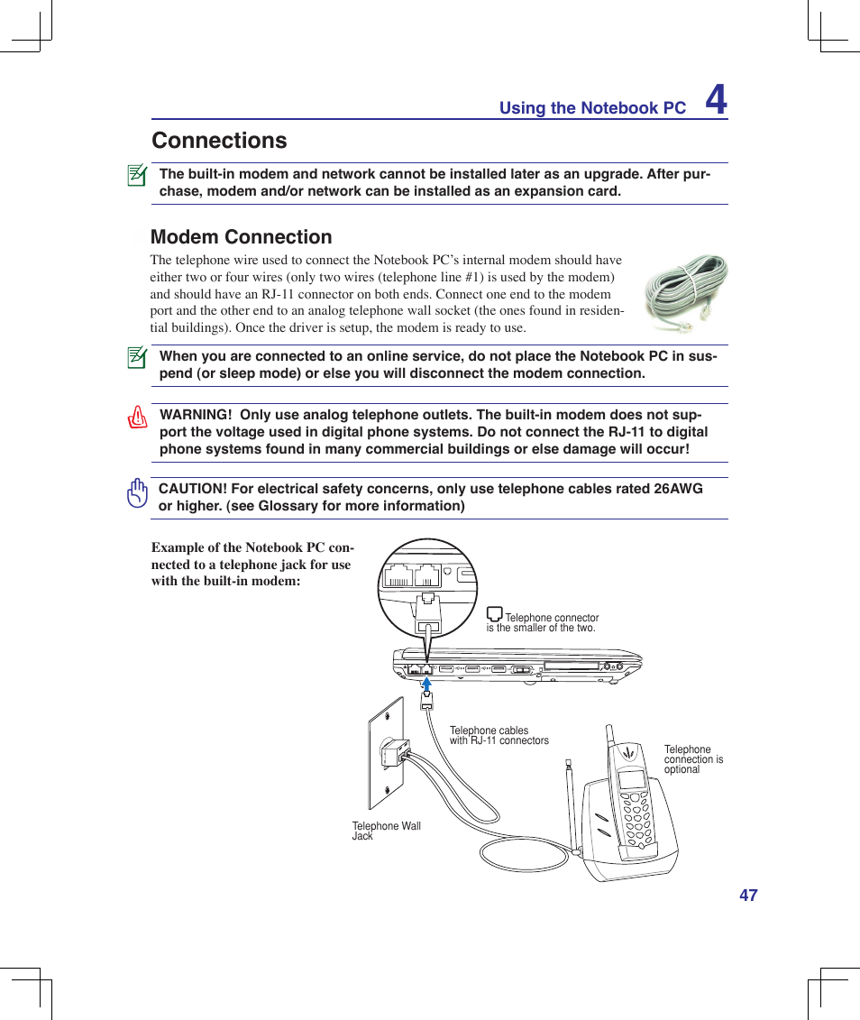 Connections, Modem connection | Asus F5Z User Manual | Page 47 / 85