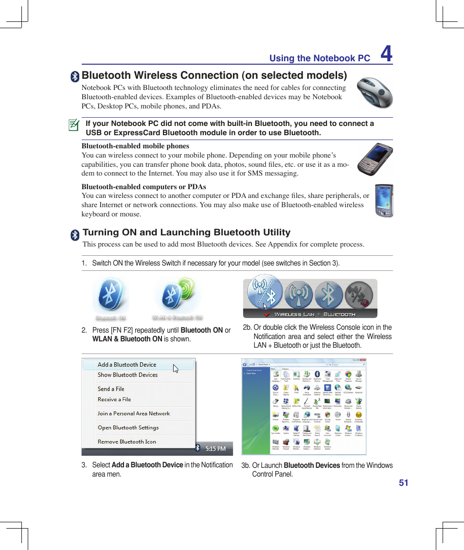 Bluetooth wireless connection (on selected models) | Asus F5Z User Manual | Page 51 / 85