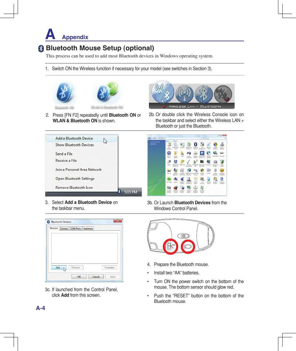 Bluetooth mouse setup (optional), Appendix a-4 | Asus F5Z User Manual | Page 56 / 85