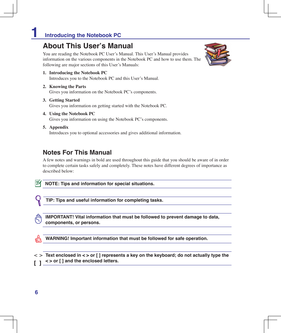 About this user’s manual, Notes for this manual | Asus F5Z User Manual | Page 6 / 85