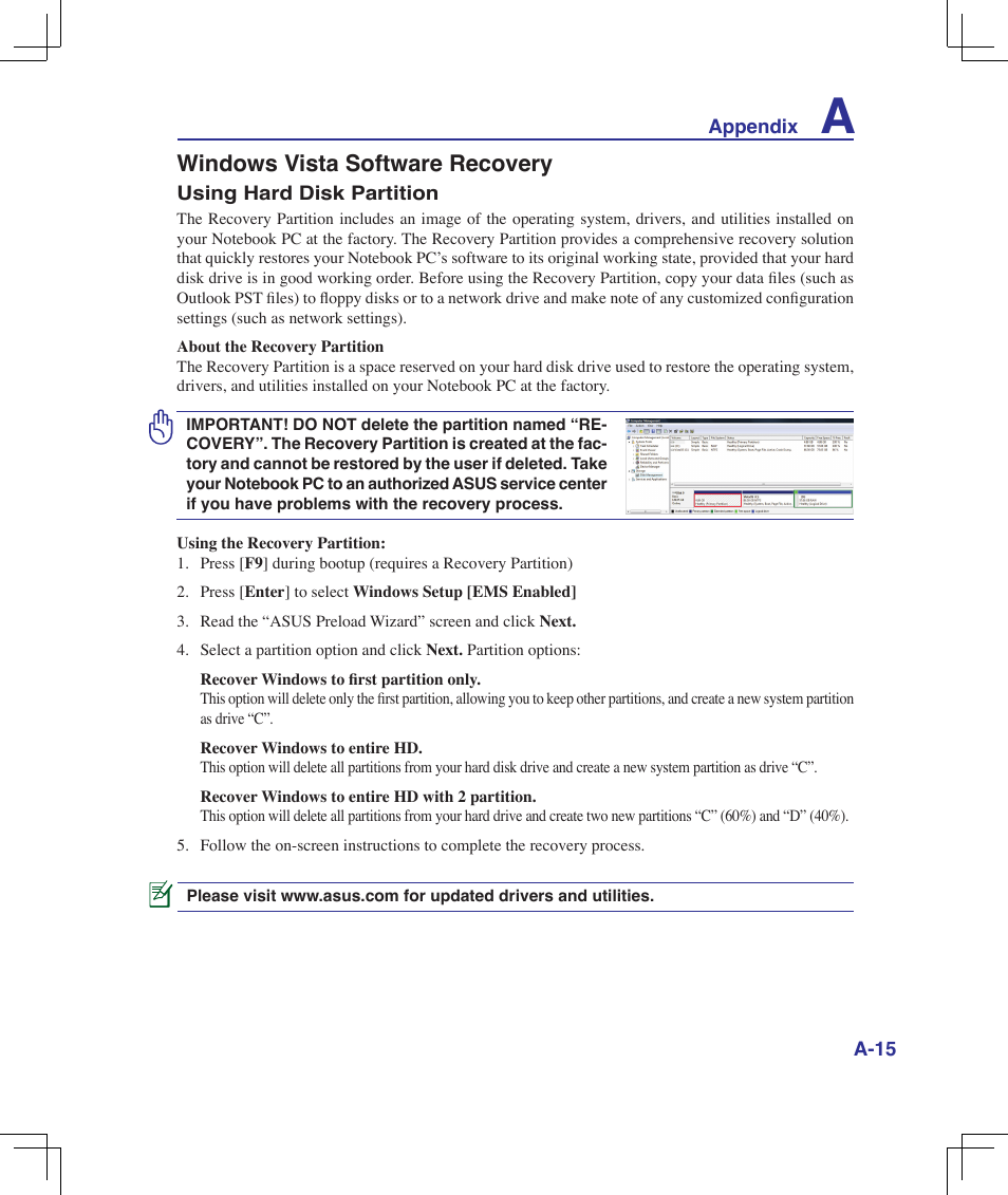 Windows vista software recovery | Asus F5Z User Manual | Page 67 / 85