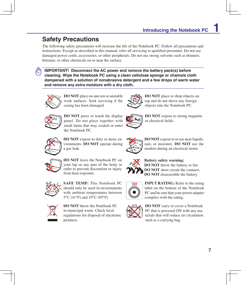 Safety precautions | Asus F5Z User Manual | Page 7 / 85