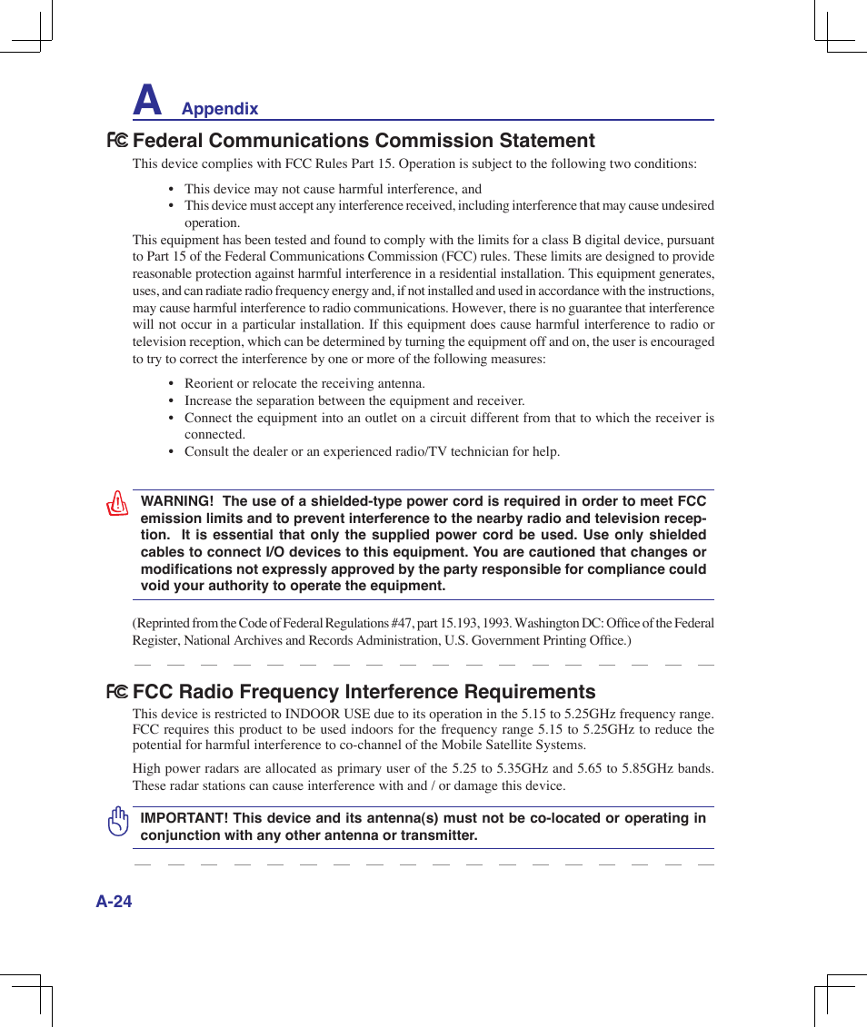 Federal communications commission statement, Fcc radio frequency interference requirements | Asus F5Z User Manual | Page 76 / 85