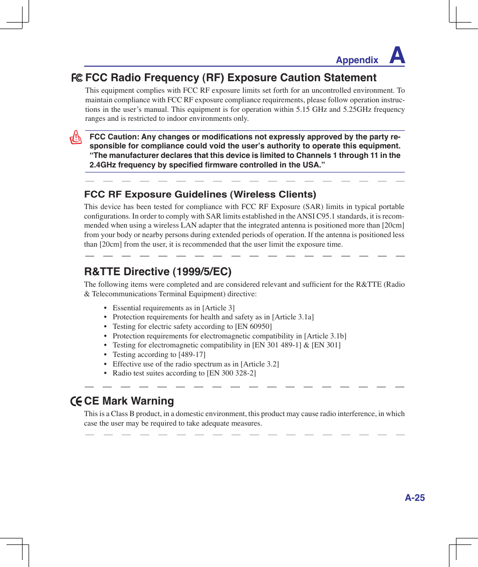 R&tte directive (1999//ec), Ce mark warning | Asus F5Z User Manual | Page 77 / 85