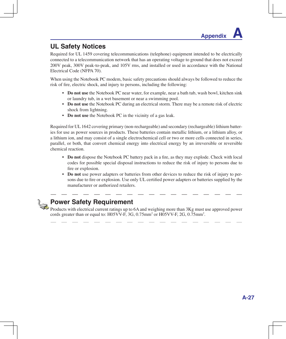 Ul safety notices, Power safety requirement | Asus F5Z User Manual | Page 79 / 85