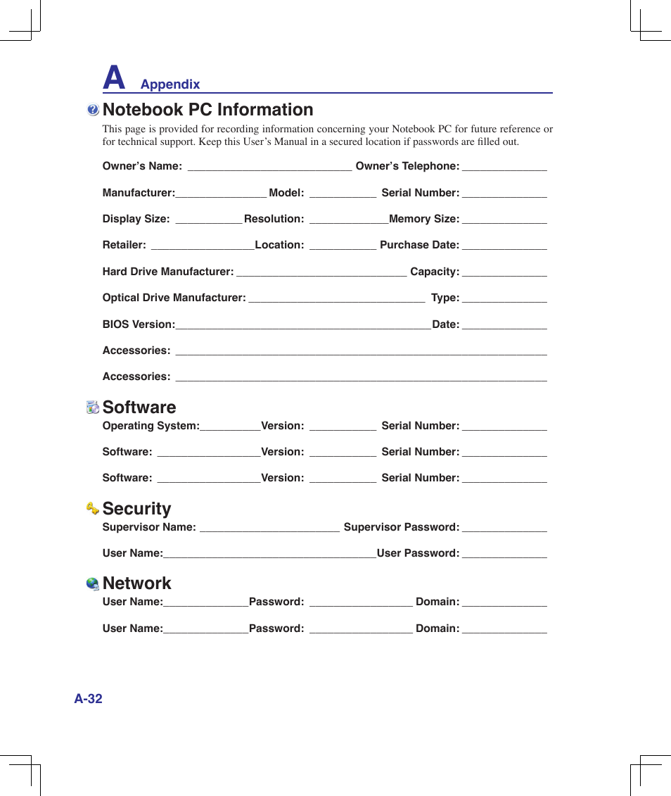 Notebook pc information, Software, Security | Network | Asus F5Z User Manual | Page 84 / 85