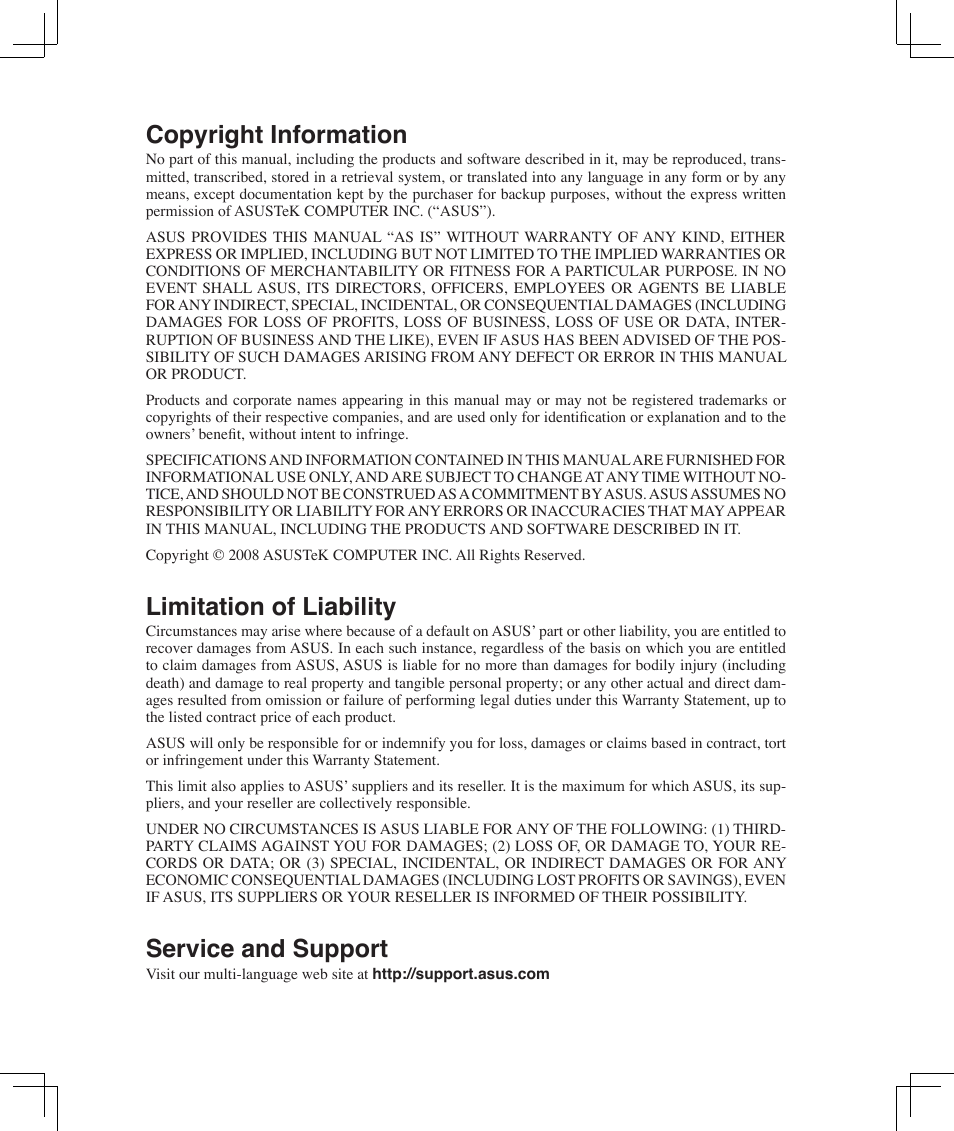 Copyright information, Limitation of liability, Service and support | Asus F5Z User Manual | Page 85 / 85