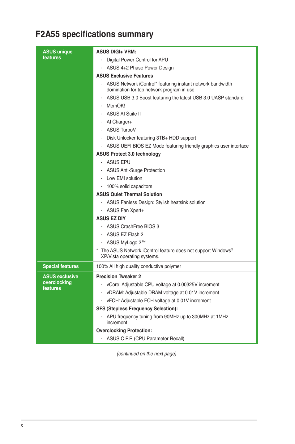 F2a55 specifications summary | Asus F2A55 User Manual | Page 10 / 82