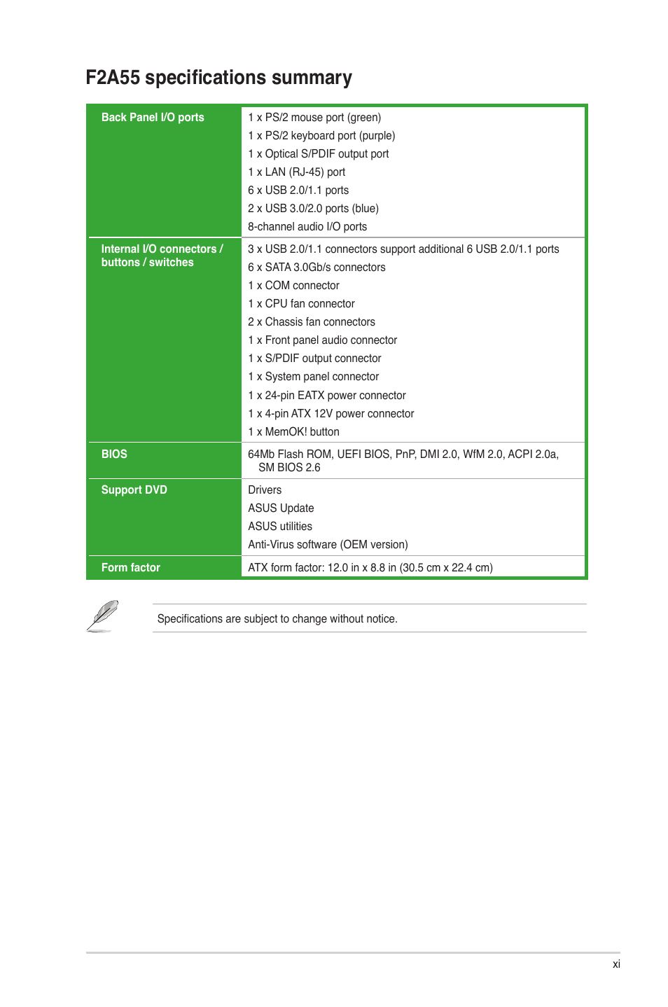 F2a55 specifications summary | Asus F2A55 User Manual | Page 11 / 82