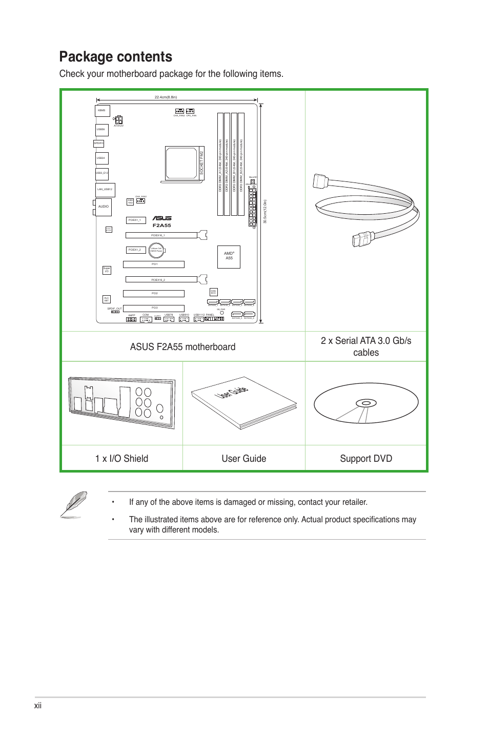 Package contents, User guide, 1 x i/o shield user guide support dvd | Asus F2A55 User Manual | Page 12 / 82