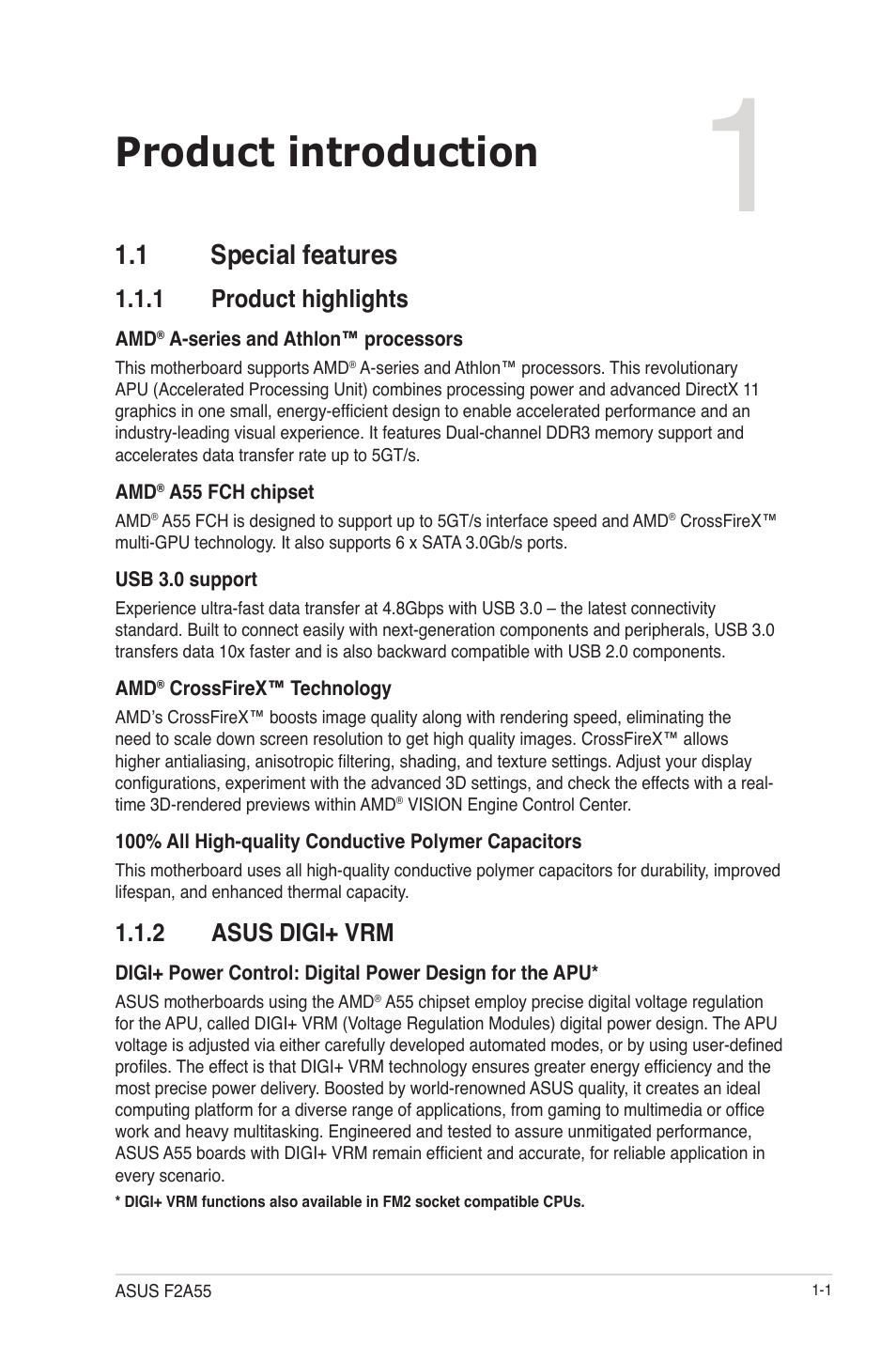 Chapter 1: product introduction, 1 special features, 1 product highlights | 2 asus digi+ vrm, Product introduction, 1 special features -1, Product highlights -1, Asus digi+ vrm -1 | Asus F2A55 User Manual | Page 13 / 82