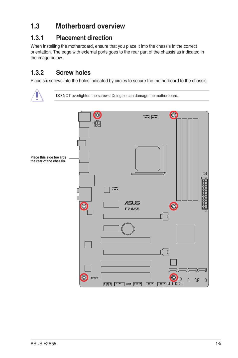 3 motherboard overview, 1 placement direction, 2 screw holes | 3 motherboard overview -5, Placement direction -5, Screw holes -5 | Asus F2A55 User Manual | Page 17 / 82