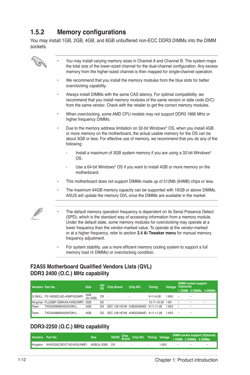 2 memory configurations, Memory configurations -12, Chapter 1: product introduction | Asus F2A55 User Manual | Page 24 / 82