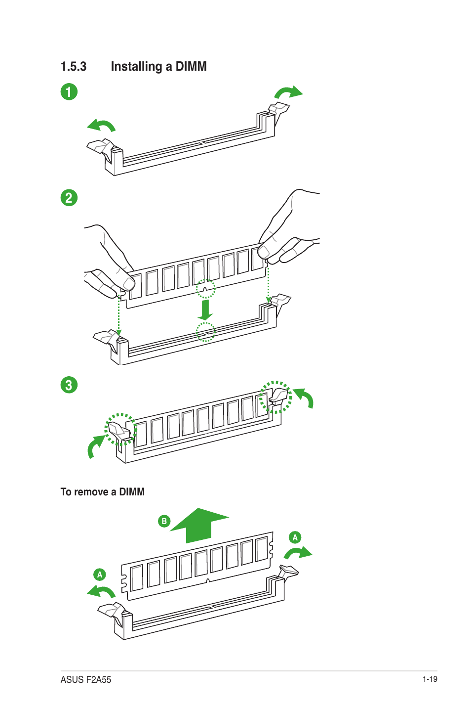 3 installing a dimm, Installing a dimm -19 | Asus F2A55 User Manual | Page 31 / 82