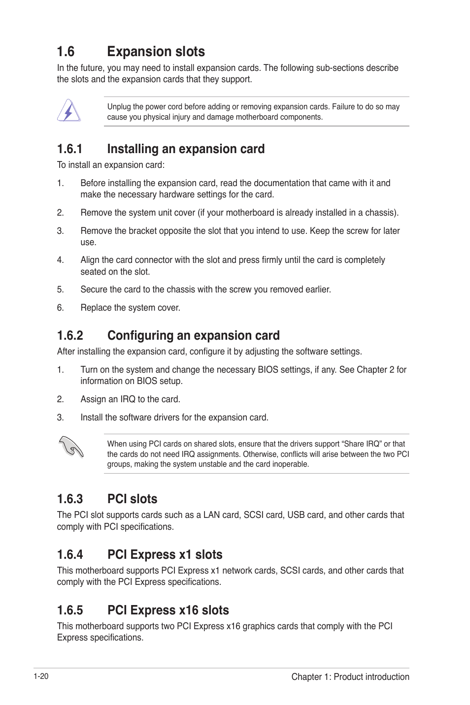 6 expansion slots, 1 installing an expansion card, 2 configuring an expansion card | 3 pci slots, 4 pci express x1 slots, 5 pci express x16 slots, 6 expansion slots -20, Installing an expansion card -20, Configuring an expansion card -20, Pci slots -20 | Asus F2A55 User Manual | Page 32 / 82