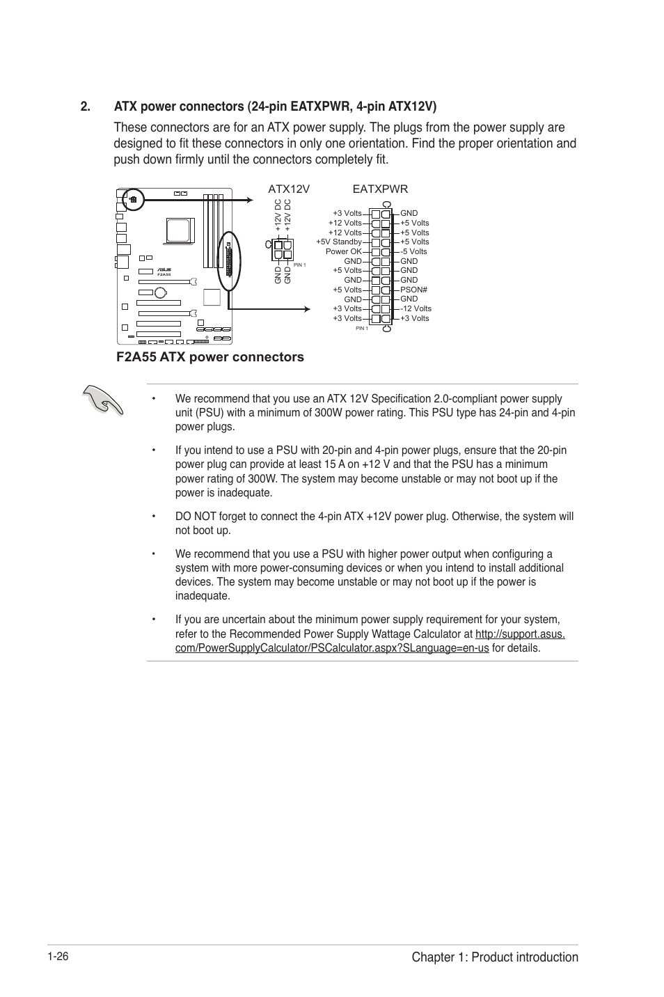 F2a55 atx power connectors, Chapter 1: product introduction | Asus F2A55 User Manual | Page 38 / 82