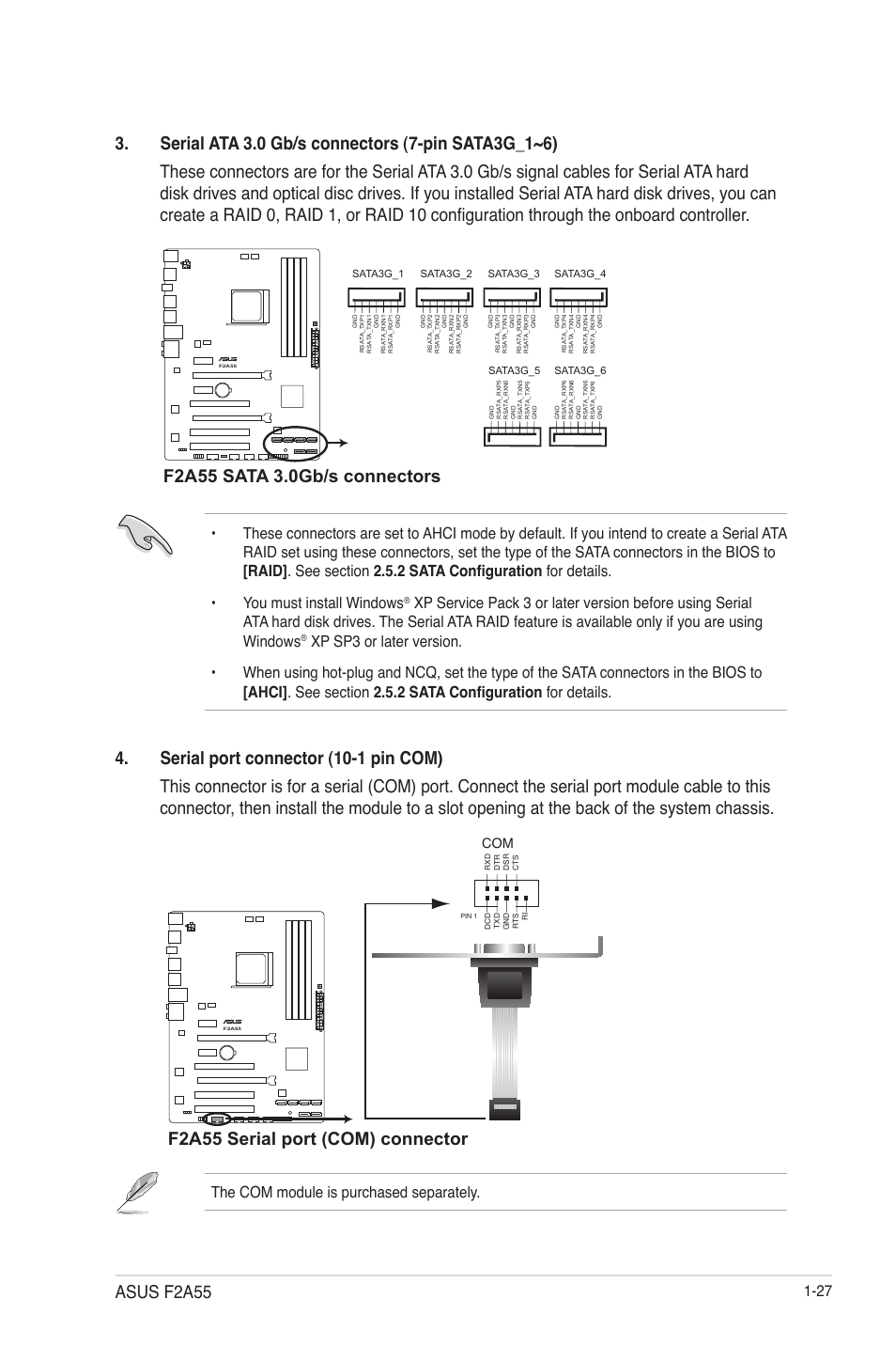 F2a55 serial port (com) connector, Asus f2a55, The com module is purchased separately | Asus F2A55 User Manual | Page 39 / 82