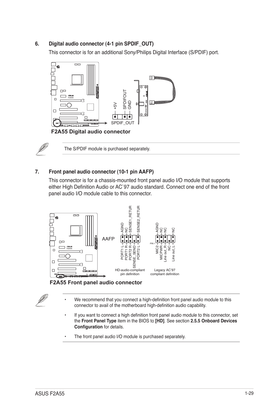 F2a55 digital audio connector, F2a55 front panel audio connector, Asus f2a55 | Asus F2A55 User Manual | Page 41 / 82