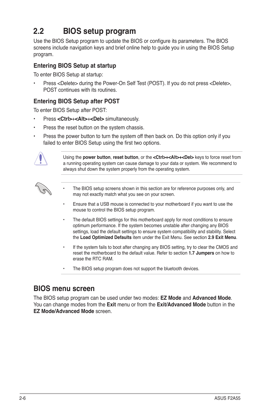 2 bios setup program, 2 bios setup program -6, Bios menu screen | Asus F2A55 User Manual | Page 52 / 82