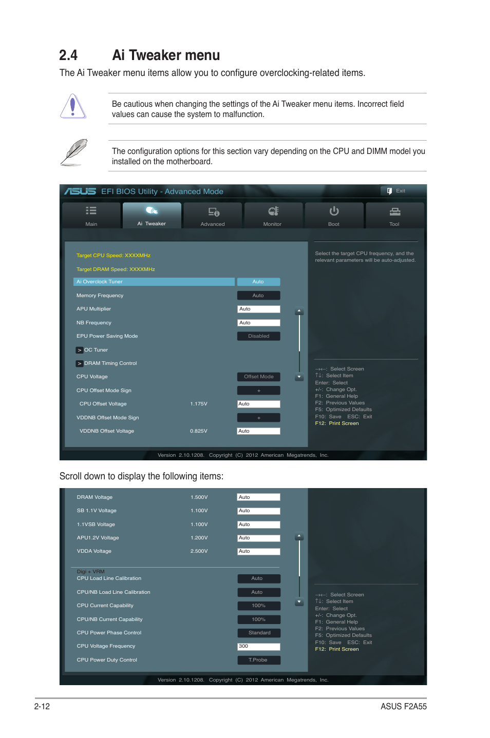 4 ai tweaker menu, 4 ai tweaker menu -12, Scroll down to display the following items | Efi bios utility - advanced mode | Asus F2A55 User Manual | Page 58 / 82