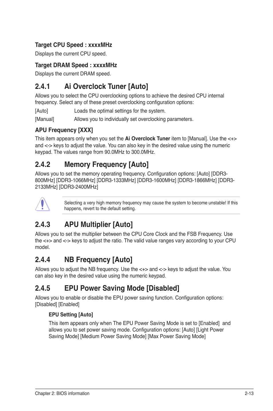 1 ai overclock tuner [auto, 2 memory frequency [auto, 3 apu multiplier [auto | 4 nb frequency [auto, 5 epu power saving mode [disabled, Ai overclock tuner [auto] -13, Memory frequency [auto] -13, Apu multiplier [auto] -13, Nb frequency [auto] -13, Epu power saving mode [disabled] -13 | Asus F2A55 User Manual | Page 59 / 82