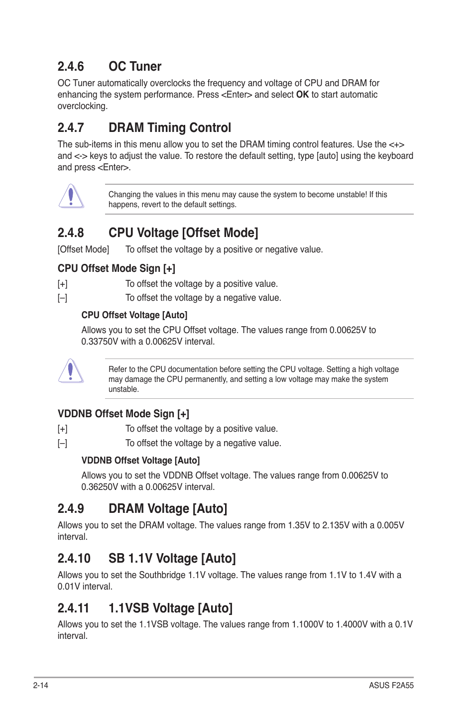 6 oc tuner, 7 dram timing control, 8 cpu voltage [offset mode | 9 dram voltage [auto, 10 sb 1.1v voltage [auto, 11 1.1vsb voltage [auto, Oc tuner -14, Dram timing control -14, Cpu voltage [offset mode] -14, Dram voltage [auto] -14 | Asus F2A55 User Manual | Page 60 / 82