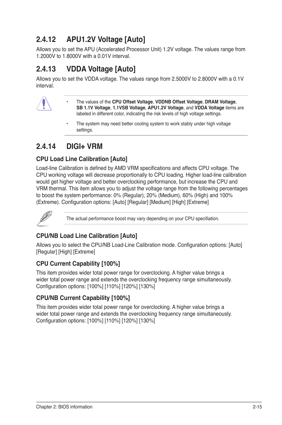 12 apu1.2v voltage [auto, 13 vdda voltage [auto, 14 digi+ vrm | Asus F2A55 User Manual | Page 61 / 82